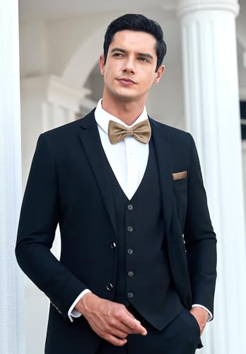 Image of HISDERN Bow Ties for Men Solid Color Pre-Tie Bow Tie and Pocket Square Set Classic Formal Tuxedo Bowties for Wedding Party