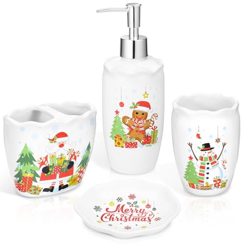 KEDEMAS Accesorios Baño, Juego de Baño de Cerámica Navideña de 4 Piezas, con Dosificador de Jabón, Porta Cepillo de Dientes, Vaso, Jabonera, Decoración Set Baño, Muñeco de Nieve