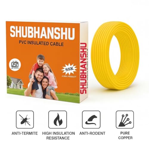 Image of 1.50 SQMM PVC Insulated Pure Copper Wire | Single Core Flexible Electric Cable | ISI Certified | 90 Meters | Yellow