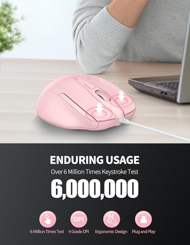 Image of TECKNET Wired Mouse, 6-Button Corded with 4 Adjustable DPI, Optical Ergonomic Design, 5FT Cord for Laptop, Chromebook, PC, Desktop, Mac, Notebook - Pink