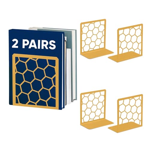 GEOMOD Geometric Honeycomb Gold Metal Bookends Decorative - Tall Sturdy Book Ends for Shelves - Modern Heavy Duty Bookend Stopper - Office or Home Book Shelf Book Holder - 6x3.25x6.25 Inches - 2 Pair