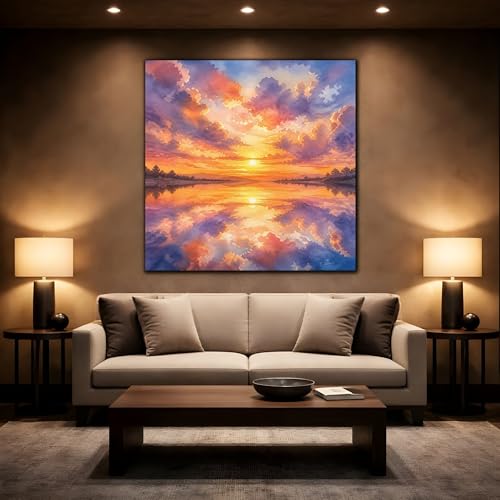 Tableau nature sunset lake orange pour salon 50x50 cm carré