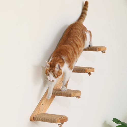 FUKUMARU Estanterías de Pared para Gatos, 66cm Escalera de Pared para Gatos de 4 peldaños, Escalera de Madera Maciza, con Cuerda de Yute para rascar, Grandes