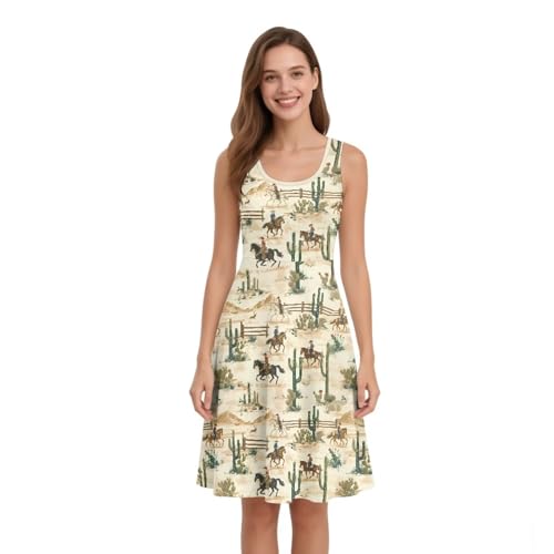 Image of Women Stylish Tank Dresses Sleeveless Round Neck Midi Casual Dress with Pocket for Summer