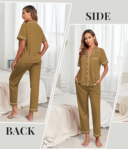 ANLIQI 100% Cotton Pajamas for Women Set Short Sleeve Top & Pajama Pants Button Down Sleepwear Pjs Lounge with Pockets4