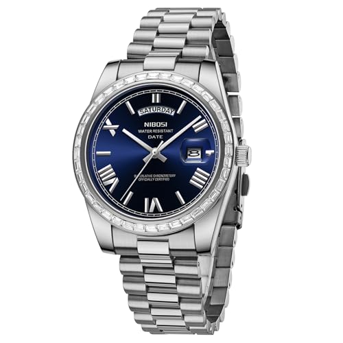 Image of NIBOSI Watches for Men Analog Quartz Diamond Bezel Stainless Steel Dial Rose Gold Silver Mens Watch Waterproof Business Classic Dress Wrist Watch with Day Date