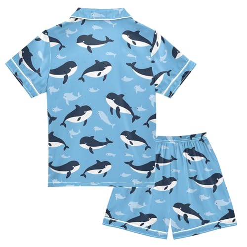 Cartoon Killer Whales Prints Summer Satin Pajama Set, Cute Button-Down Sleepwear Pj Set for Sleep Wears2