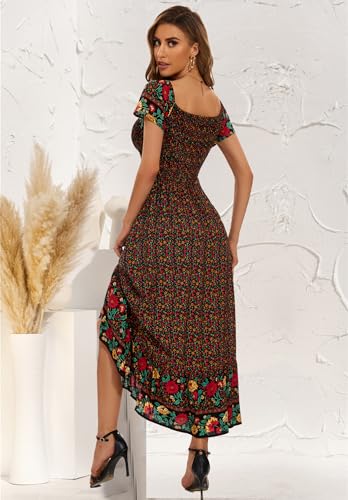 Image of Summer Floral Smocked Maxi Dress for Women 2026 Casual Flowy Tiered A Line Boho Beach Party Long Dresses with Short Sleeve