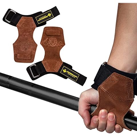 M MANUEKLEAR Weight Lifting Grips, Leather Weight Lifting Hooks Straps for Deadlifts, Pull-ups, Heavy Shrugs, Non-Slip Adjustable Wrist Wrap Gloves for Men &Women Palm Protection with Padded Support Cover