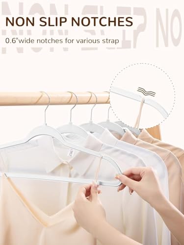 Image of Slim Plastic Hangers for Clothes - Heavy Duty Non-Velvet Hangers with 360 Swivel Chrome Hook & Non Slip Notches - Ideal for Dresses Coats Shirts Jackets & More (White, 12)