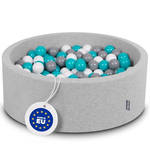 KiddyMoon Bällebad 90X30cm/200 Bälle ∅ 7Cm Bällepool Mit Bunten Bällen Für Babys Kinder Rund, Hellgrau:Grau/Weiß/Türkis