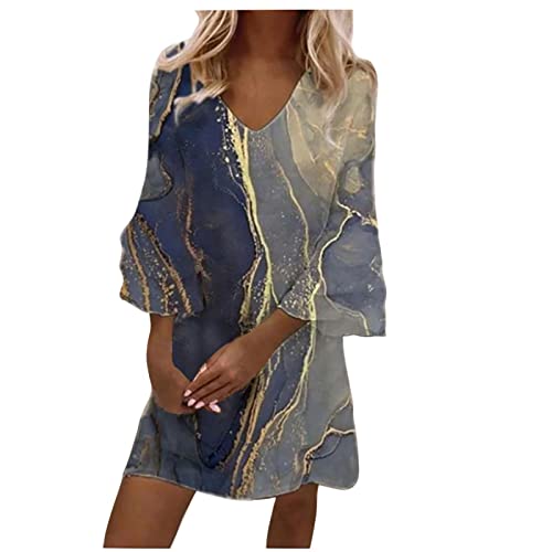 Women's Summer Marble Floral Print Dress 3/4 Tiered Bell Sleeve Mini Shift Dresses Casual V Neck Loose Elegant Sundress