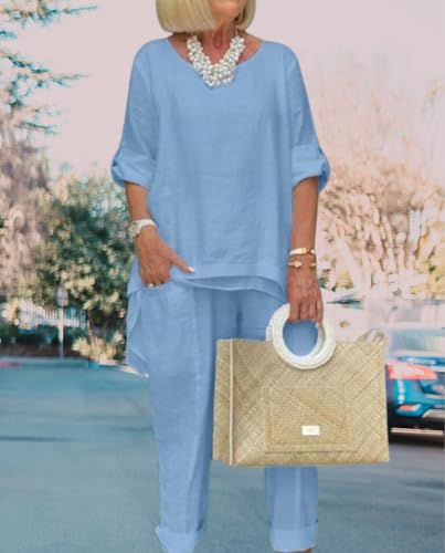 Stylish Blue Linen Pants Suit for Women - BIVENANT 2 Piece Dressy Cotton Set in 3X-Large - Image 5
