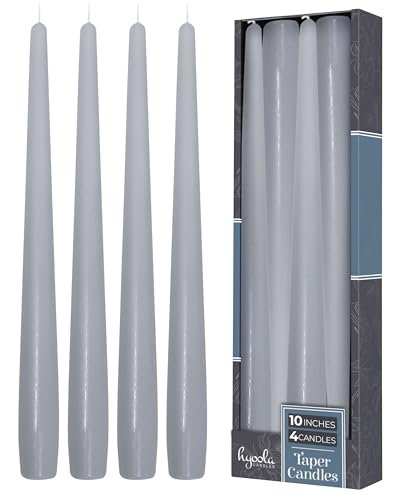 Hyoola Tall Taper Candles - 10 Inch Silver Grey Unscented Dripless Taper Candles - 8 Hour Burn Time - 4 Pack