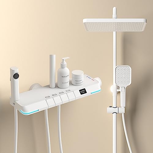 ZYCHSJXA Conjunto de grifería de Ducha con Teclas de Piano, Pantalla Digital LED, luminaria de 4 Funciones, Montaje en Pared para bañera con caño, Ducha de Mano, Ducha de Lluvia y Pistola r