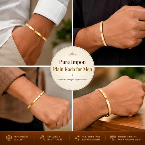 Image of ISHANA FASHIONS Pure Impon Panchalogam Plain Kada for Men | Premium Gold Look Traditional Cuff Bracelet | Durable, Stylish and Comfortable Metal Kada for Daily Wear, Office, Casual and Festive Occasions
