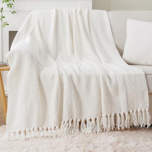 Image of BATTILO HOME Cream Throw Blanket for Couch, Knit Throw Blanket, 50 inchx60 inch