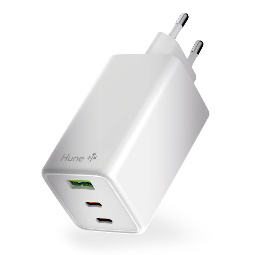 HUNE Huron 100 W, caricatore da parete triplo 2 USB-C e 1 USB-A, GaN e PPS, 100 W, ricarica rapida, plastica riciclata certificata, compatibile con laptop, tablet e cellulari