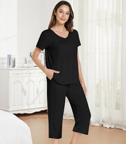 Image of NACHILA Bamboo Viscose Capri Pajamas for Women Cooling Short Sleeve Pjs