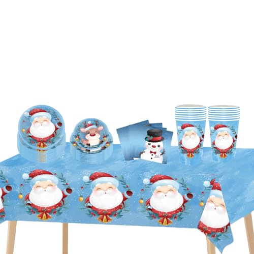 69 piezas de vajilla de plástico para fiesta de Navidad, platos de papel, servilletas y tazas para decoración de mesa de fiesta de Navidad, juego de vajilla azul de Papá Noel muñeco de nieve ciervo