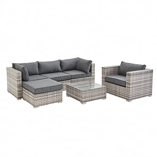 Alice's Garden - Salon de Jardin en résine tressée - Caligari - Nuances de Gris. Coussins Gris - 5 Places - 1 Fauteuil. 1 Fauteuil sans accoudoir. 1 Pouf. 2 fauteuils d'angle. Une Table Basse