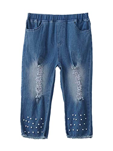 easyforever Girls Beads Ripped Straight Denim Jeans Raw Hem Stretchy Denim Capri Pants Elastic Waistband Trousers3