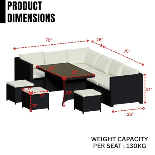 Image of DEVOKO Outdoor Patio Furniture 6 Piece Dining Sectional Sofa with Table and Chair, All Weather Wicker Conversation Set Ottoman for Backyard, Lawn, Garden (Black & Off-White)