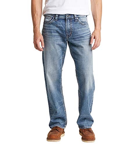 Silver Jeans Co. Men's Gordie Loose Fit Straight Leg Jeans, Light Crosshatch Indigo, 36W x 32L