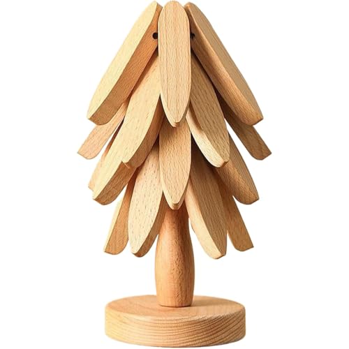 Wooden Trivet Tree Set, Natural Christmas Tree Trivet with 4 Wooden Trivets & 1 Stand Like A Christmas Trees Kitchen Counter Decor, for Hot Pots, Pans, Bowl, Teapot (Wood Color)