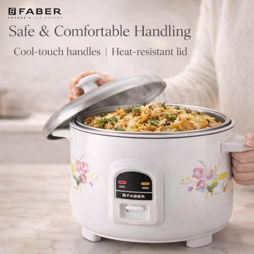 Image of Faber 1.8L Rice Cooker|700watts|2 Stainless Steel Pot|Cool&Warm Mode|Floral White Finish| 2yrs Warranty on Product & 5yrs on Heating Element|Cool Touch Handle|LED Indicators|FRC Sydney 1.8 SS2