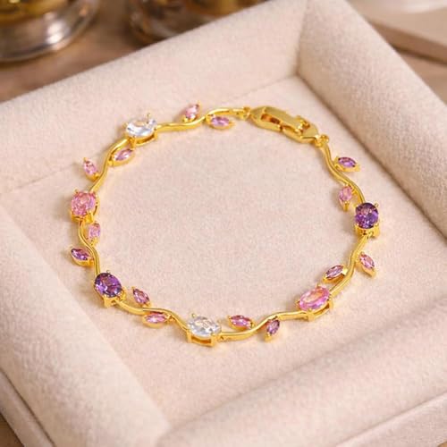 Image of Inites - Anti Tarnish Fairy Bloom Floral Tulip Bracelet With Multi Crystal Stones For Women & Girls | Elegant Floral Branches Golden Chain Link Bracelet Lightweight Jewelry For Daily Wear & Gifts