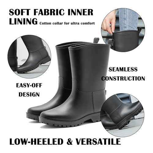 Mufanton Damen Gummistiefel Halbhoch Regenstiefel Gummistiefeletten Bequem Regenschuhe Wasserdicht Rutschfest Outdoor Gartenschuhe,Schwarz,EU41
