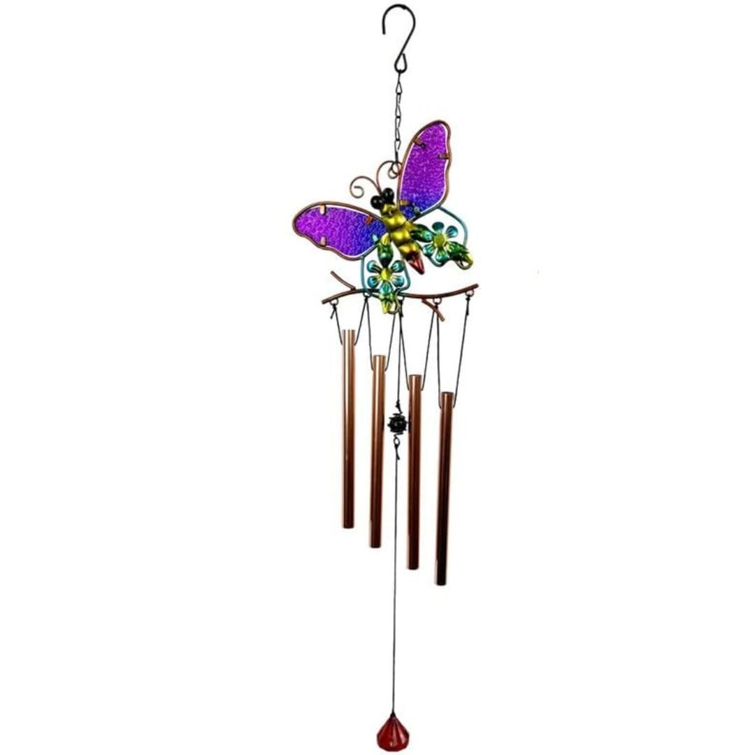 Wonderland Copper-Toned Metal and Purple Stained Glass Butterfly Wind Chime for Garden, Balcony Décor | Hanging Wall Décor-image-18