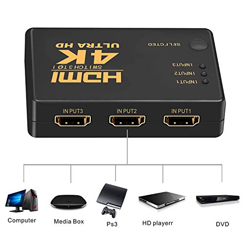 Image of MICROWARE 3-in 1-Out 3x1 HDMI Switch /Switcher with Remote & Power Adapter, 3D 1080P, Compatible with Bluray, PVR /Netflix /Roku /Kodi Box, PS4 /PS3