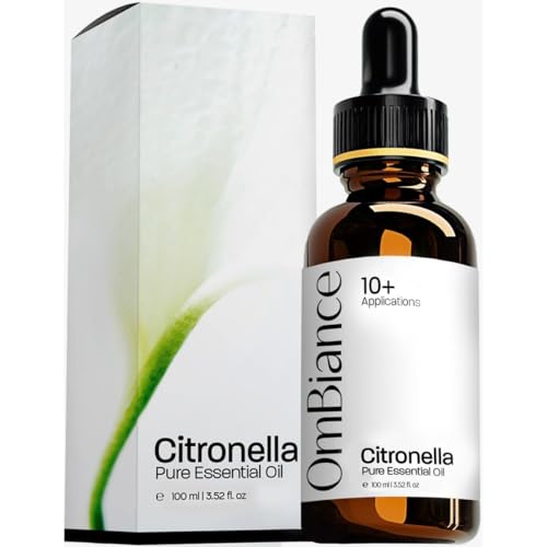 OmBiance | Aceite Esencial Citronela +10 USOS | 100% Puro, Natural | Antimosquitos | Aceites esenciales para humidificador | Relajación & Masaje Aromaterapia, Piel & Cara (100 ml, Citronela)