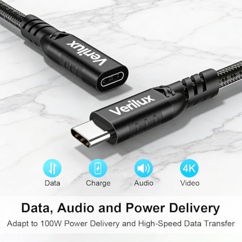 Image of Verilux PD 240W Type C to Type C Cable Fast Charging, 3.3Ft Type-C Male to Female USB Extension Cable Support 20Gbps Data Transfer, 8K@60Hz HD Video Output for iPhone 17 /16 /15, iPad Pro, MacBook
