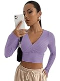 DIDK Damen Strick Crop T-Shirt Bauchfrei Oberteile Tiefer V Ausschnitt Langarmshirt Pullover Cropped Tops Langarm Shirt Lila M