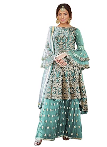 Miss Ethnik Women's Light Green Embroidered Flared Gown Dress 945-Light Green