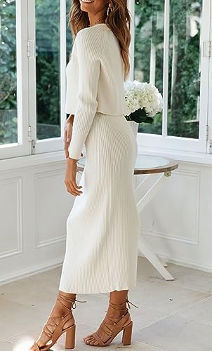 Image of CHARTOU Women Two Piece Sweater Skirt Set Outfits Knit Sweater Top Pullover Knitted Slit Bodycon Pencil Skirt (One Size, White)