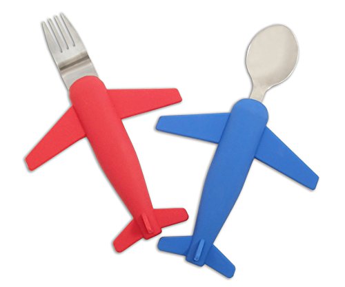 Image of Kids' Airplane Fork & Spoon Set, Stainless Steel & Silicone