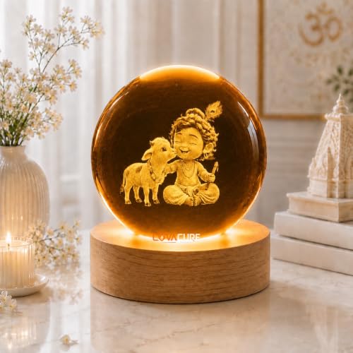 Image of COVACURE 3D Little Krishna Idol Crystal Ball Night Lamp, 2.4 Inch Bal Roop Idol Laddu Gopal Lord Krishna Crystal Ball Night Light for Home & Office Desk Decor, Birthday Gift, Spiritual Showpiece