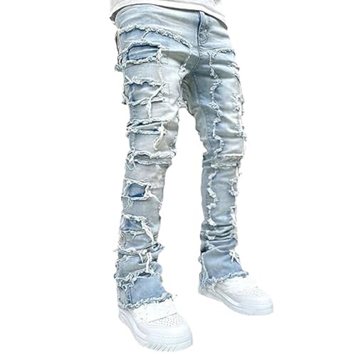 Stacked Jeans Mens Ripped Jeans Distressed Patchwork Straight Leg Y2k Skinny Denim Pants Hip Hop Slim Fit Trousers2