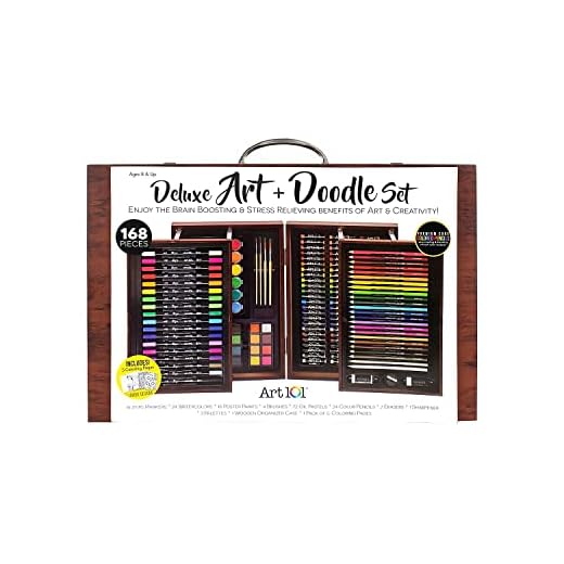 Art 101 USA 168 Piece Deluxe Art and Doodle Set in an Expandable Wood Carrying Case, Includes Dual Tip Markers, Colored Pencils, Oil Pastels, Water Colors, Portable Art Studio