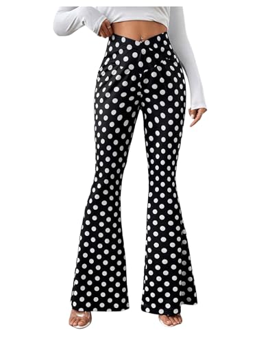 WDIRARA Women's Polka Dots Flare Pants Crossover Elastic Waist Bell Bottom Trousers