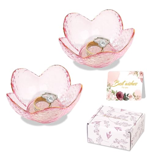 Gifts for Women Trinket Dish Flower Jewelry Dish Pink Glass Ring Holder Jewellery Tray Cute Room Decor Aesthetic Bedroom Accessories Unique Birthday New Home Christmas Gifts for Women Friends (2 pcs)