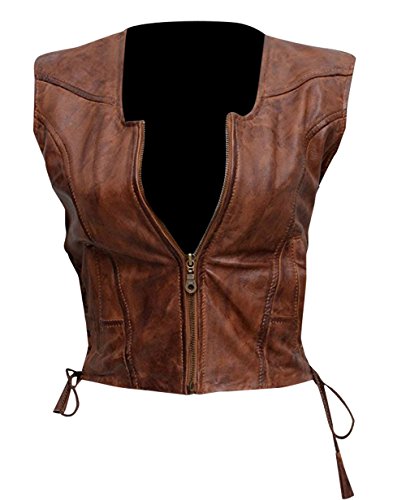 SpazeUp Womens Brown Biker Leather Vest - Brown Leather Motorcycle Vest for Women - Walking Cosplay Costume