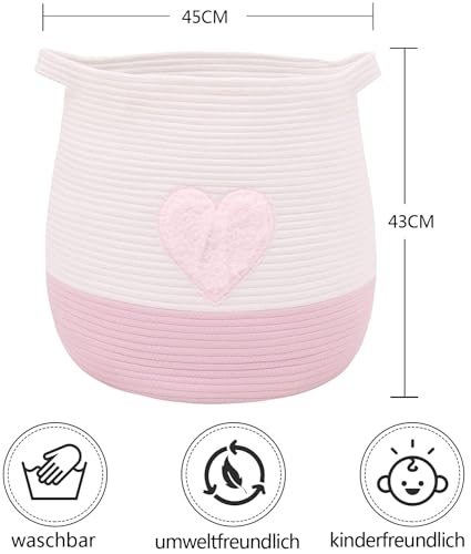 Lauatiiu Großer Korb aus Baumwollseil, gewebter Aufbewahrungskorb für Spielzeug, Wäsche- und Decken-Organizer, runder Geschenkkorb mit Griffen für Kinderzimmer D45xH43 CM Patentiertes Produkt