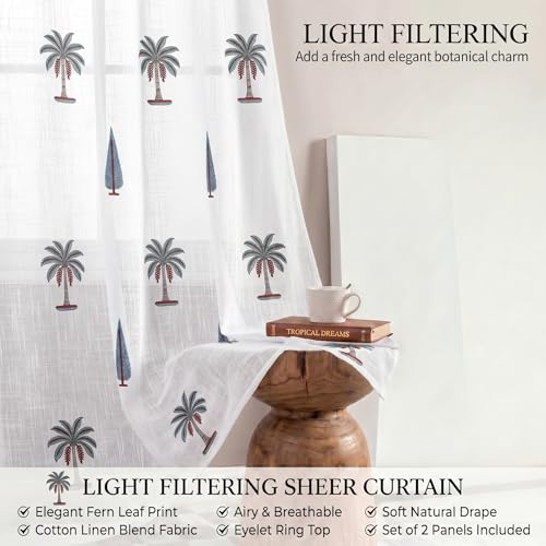 Image of LINENWALAS Decorative Cotton Linen Sheer Curtains 5 Feet for Window -Block Printed Door Curtain | Grommet Hanging Style Pack of 2 Panels |Light Filtering Sheer Drapes (Coastal Palms)