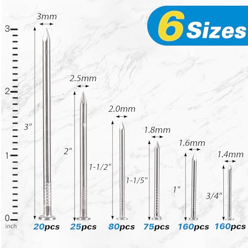 Image of 520PCS Hardware Nails Assortment Kit, 304 Stainless Steel, 6 Sizes, Up to 3 inch Long, with Storage Box Small Nails for Hanging Pictures in Wood, Wall and Drywall