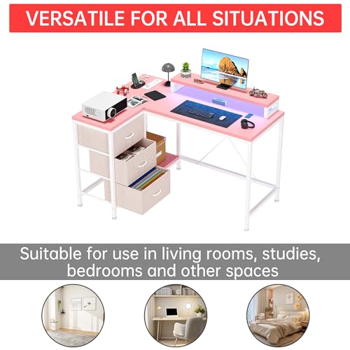 Image of Hetoy L-Shaped Gaming Desk with Power Outlets, Corner Desk with Drawers, Shelves & LED Lights, Computer Desk for Home & Office
